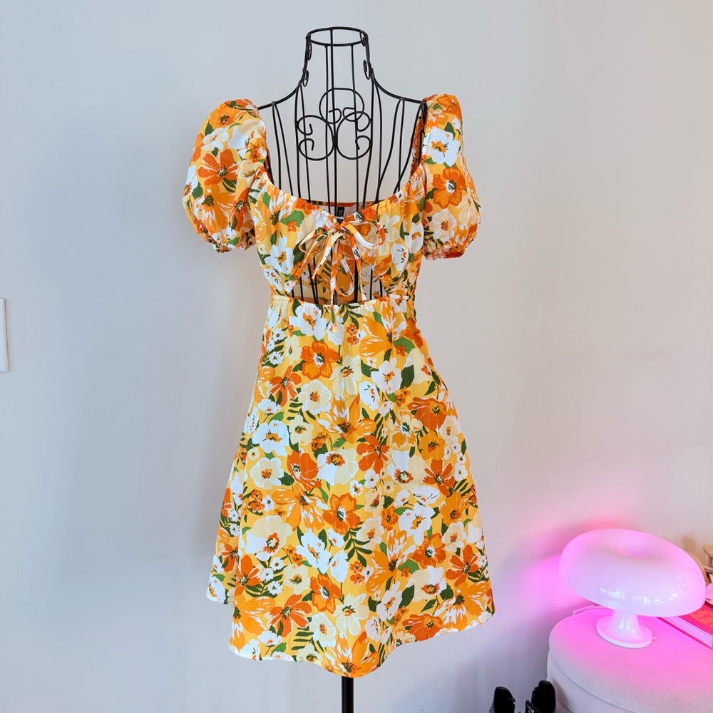 H&M Puff Sleeve Floral Orange Dress & the matching bucket hat set | XS
